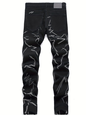 Heren Zwarte Slim Fit Denim Jeans Met Witte Bliksem Borduurwerk Streetwear Gewassen Middelhoge Taille Lange Broek Voor Mannen