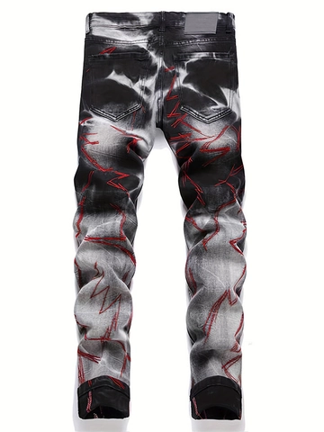 Men Lightning Embroidery Slim Fit Jeans Stretch Cotton Denim Acid Wash Smoke Print Streetwear Fashion Pants Casual Jeans