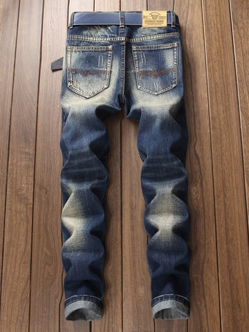Jean En Denim Déchiré Rétro Pour Hommes Coupe Droite Pantalon Décontracté Bleu Délavé Style Streetwear En Coton