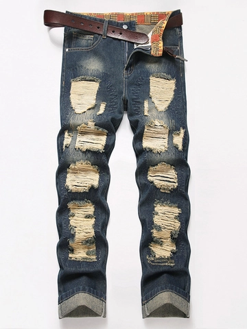 Vaqueros Rotos para Hombre Denim Patchwork Desgastado Pantalones Largos Retro Punk Streetwear Corte Recto Con Cinturón para Hombre Azul