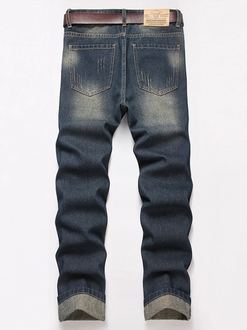 Vaqueros Rotos para Hombre Denim Patchwork Desgastado Pantalones Largos Retro Punk Streetwear Corte Recto Con Cinturón para Hombre Azul