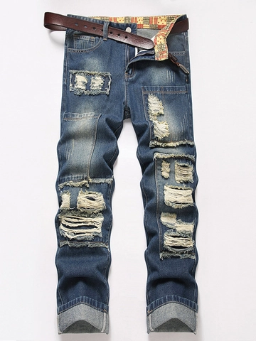 Jeans da Uomo Vintage Strappati Pantaloni in Denim a Gamba Dritta Con Cintura Streetwear Blu Nostalgico Autunno Moda Cotone