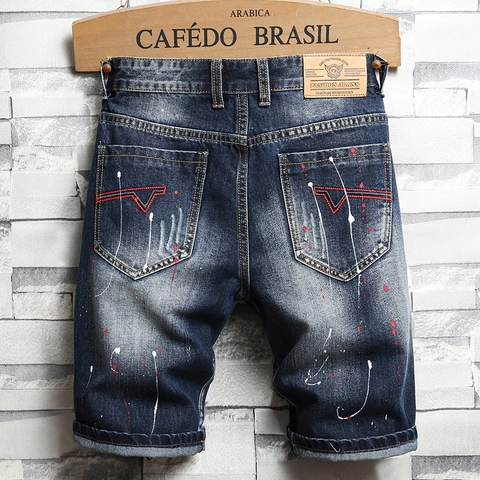 Mens Distressed Denim Shorts Ripped Cotton Jean Shorts Paint Splatter Streetwear Summer Casual Blue Denim Short Pants For Men