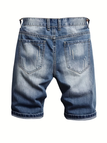 Men's Ripped Denim Shorts Distressed Cotton Blend Five Pocket Casual Loose Fit Summer Shorts Navy Blue Retro Streetwear