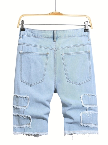 Men's Light Blue Distressed Ripped Denim Shorts With Frayed Hem Streetwear Casual Summer Washed Cotton Blend Jean Shorts For Men