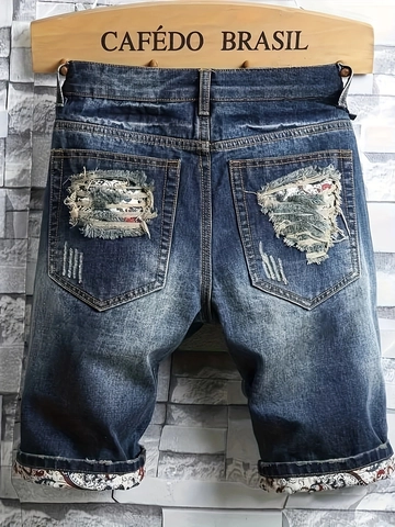 Short en Jean Délavé pour Hommes Bleu Marine Vintage Déchiré avec Doublure Cachemire Été Décontracté Bas pour Hommes