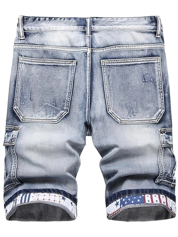 Pantaloncini Cargo in Denim Lavato Retro da Uomo Con Risvolti Stampati a Stelle e Strisce Shorts in Misto Cotone Gamba Dritta Estate