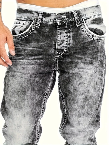 Men's Streetwear Slim Fit Denim Jeans Vintage Acid Wash Contrast Stitching Cotton Blend Long Pants For Daily Casual Wear