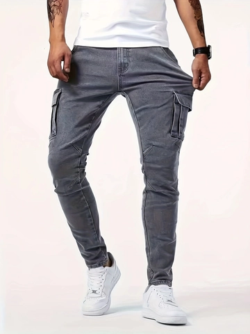 Men Slim Fit Cargo Jeans Stretchy Cotton Blend Multi Pocket Washed Denim Pants For Casual Daily Wear Grey Urban Fashion