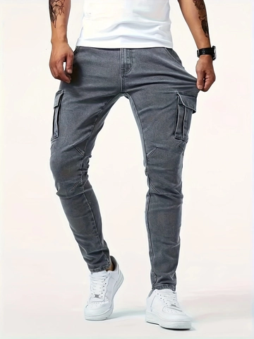 Men Slim Fit Cargo Jeans Stretchy Cotton Blend Multi Pocket Washed Denim Pants For Casual Daily Wear Grey Urban Fashion