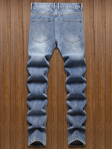 Heren Ripped Jeans Distressed Lichtblauw Straight Fit Katoenmix Denim Broek Streetwear Multi Pocket Gewassen Mode Onderkant