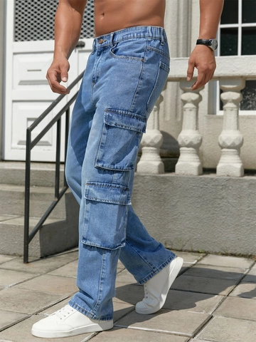 Jeans Cargo da Uomo Gamba Larga Comodi Blu Lavato Pantaloni in Denim Multitasche Moda Streetwear Retrò Casual