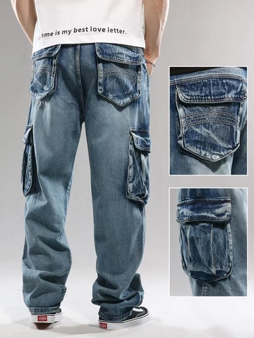 Herren Loose Straight Leg Cargo Jeans Baumwollmischung Mehrere Taschen Gewaschene Denim Hose Hip Hop Streetwear Casual Hose