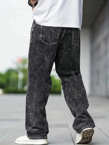 Jeans en Denim Noir Délavé Rétro pour Hommes Délavés Déchirés Streetwear Pantalons Droits Larges Avec Écussons Brodés pour Tenue Décontractée