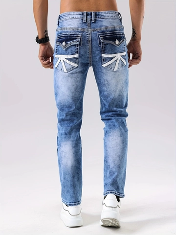 Herren Slim Fit Gewaschene Blaue Jeans Markante Weiße Kontrastnähte Pattentaschen Streetwear Mode Gerade Denim Hose