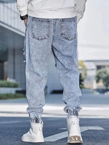 Men's Ripped Denim Jogger Pants Light Blue Washed Distressed Jeans with Embroidery Patches Elastic Waist Drawstring Trousers