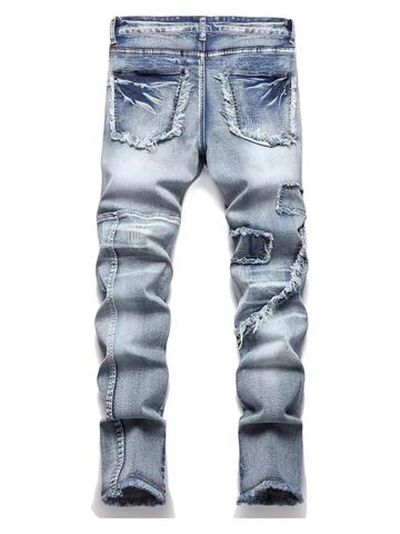 Jeans Cargo da Uomo Retro Biker Strappati Slim Fit Patchwork in Denim Pantaloni Streetwear Elastici Azzurri Cargo