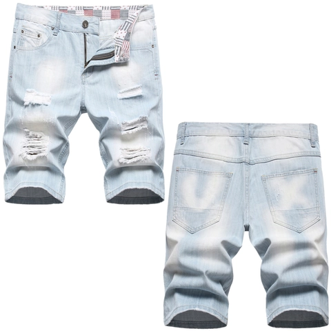 Pantaloncini di Denim Strappati da Uomo Lavaggio Blu Chiaro Cotone Leggero Estivo Gamba Dritta Vita Media Casual Streetwear