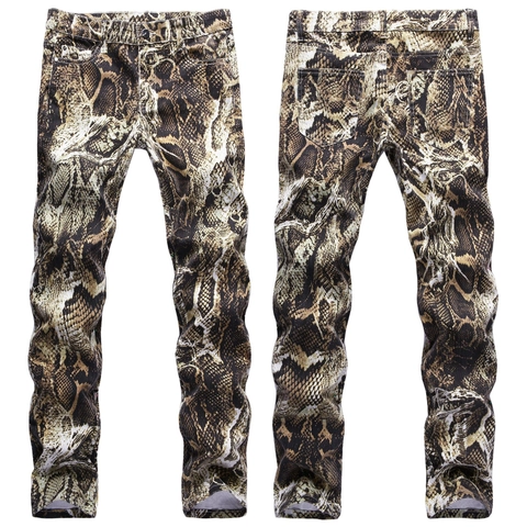 Men's Snake Skin Print Slim Fit Jeans Hip Hop Cool Pattern Stretch Cotton Denim Pants For Performance Night Club Streetwear
