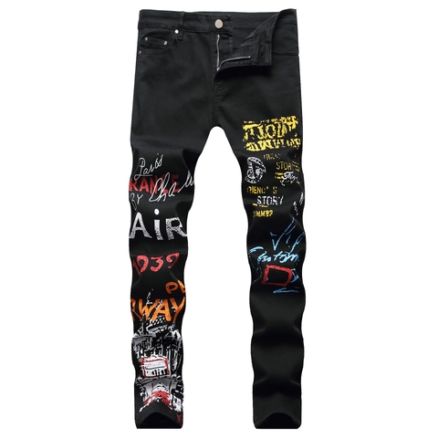 Ανδρικό Τζιν Παντελόνι Slim Fit με Σχέδιο Γκράφιτι Streetwear από Μείγμα Βαμβακιού Καλοκαιρινό Αναπνεύσιμο Skinny Denim για Καθημερινή Χρήση Hip Hop Στυλ