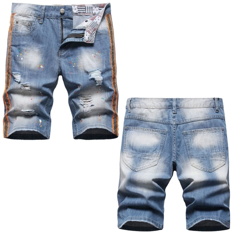 Pantaloncini di Jeans Moda Uomo Schizzi di Vernice Strappati Streetwear Jean Shorts Banda Laterale Estate Casual Cotone