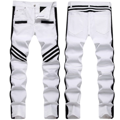 Ανδρικά Biker Jeans Στενή Γραμμή Χρωματική Αντίθεση Πλισέ Γόνατο Patchwork Πλαϊνές Ρίγες Denim Παντελόνι Λευκό Μαύρο