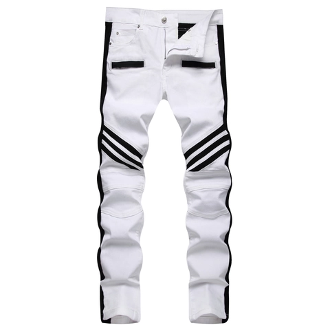 Men Slim Fit Biker Jeans Black White Color Block Striped Denim Pants Streetwear Stretchy Slim Straight Leg Trousers Casual Bottoms