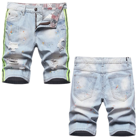 Shorts de Mezclilla Casuales para Hombre Algodón Elastano Desgastado Salpicaduras de Pintura Cintura Media Azul Claro con Tira Reflectante Streetwear