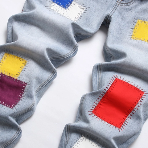 Ανδρικά Τζιν Παντελόνια Slim Fit Με Πολύχρωμο Patchwork Φθαρμένο Πλυμένο Μπλε Παντελόνι για Καθημερινή Μόδα Casual Streetwear