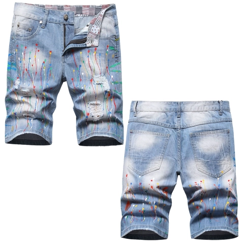Men Streetwear Denim Shorts Light Blue Splatter Paint Distressed Whiskers Hip Hop Casual Cotton Spandex Summer Bottoms