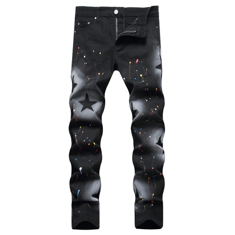 Men's Black Splatter Paint Star Print Slim Fit Jeans Cotton Blend Denim Streetwear Casual Mid Waist Stretch Long Pants