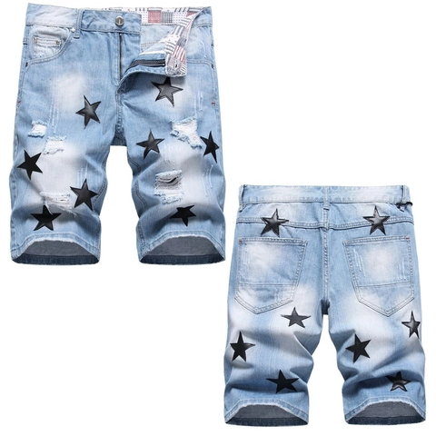 Men's Light Blue Washed Denim Shorts With Black Star Leather Patches Distressed Hole Knee Length Cotton Blend Casual Shorts