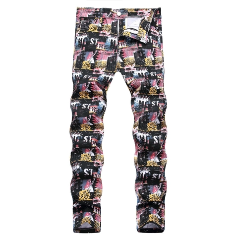 Jeans en Denim pour Hommes avec Imprimé Graffiti Slim Fit Stretch Streetwear Pantalons Décontractés Multicolore Hip Hop Mode