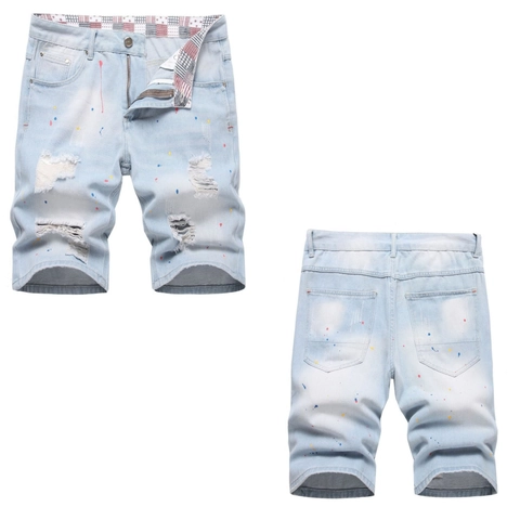 Herren Distressed Denim Shorts Farbspritzer Zerrissen Hellblau Baumwollmischung Mittlere Taille Streetwear Jeansshorts