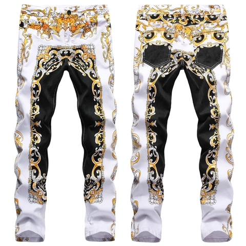 Jeans à Imprimé Baroque pour Hommes en Denim de Coton Extensible Coupe Slim Motif Floral Baroque Or Pantalons