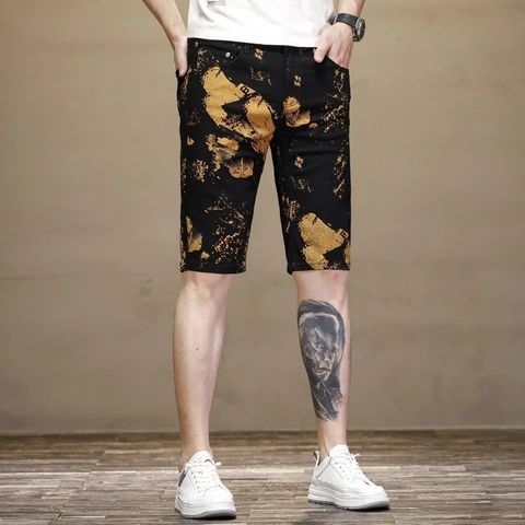 Herren Streetwear Baumwolle Denim Shorts Gold Spritzer Graffiti Druck Casual Fünf-Punkt-Hose Sommer Hip Hop Mode