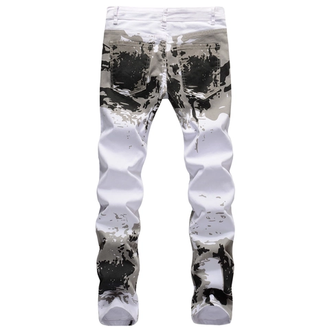 Men's White Camouflage Print Slim Fit Straight Leg Jeans Stretch Cotton Denim Streetwear High Street Fashion Men Denim Pants