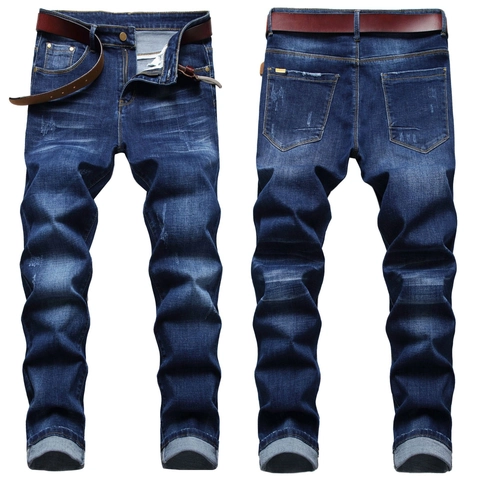 Jean en Denim Coupe Ajustée Bleu Profond pour Hommes Pantalon en Coton Vintage Délavé Usé Avec Ceinture Pantalon Décontracté