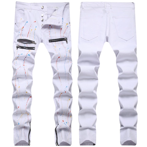 Men Slim Fit White Paint Splatter Denim Jeans With Zipper Decor Button Fly Street Fashion Stacking Stacked Pencil Pants