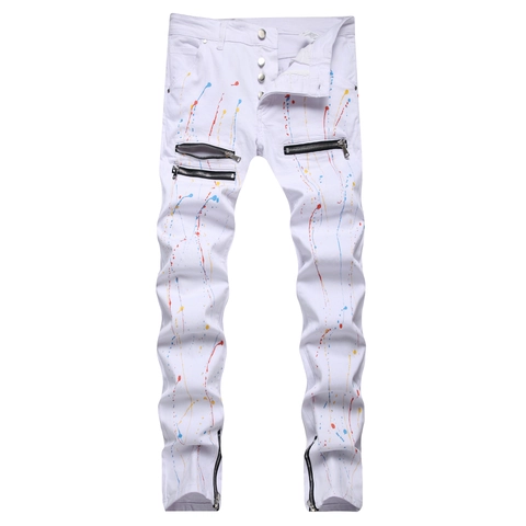 Herren Weiß Farbspritzer Denim Jeans Streetwear Multi Reißverschluss Farbe Tropfen Stretch Slim Fit Lange Hose Trendy Hip Hop