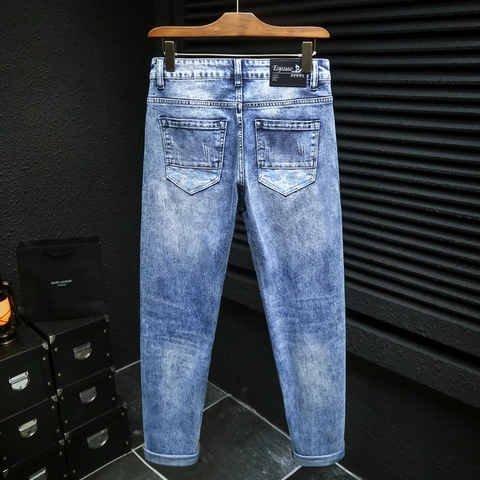 Jeans Streetwear pour Hommes Coupe Ajustée Denim Délavé à l'Acide avec Imprimé Graffiti Aigle Broderie Ethnique Taille Moyenne