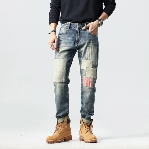Men Vintage Patchwork Jeans Slim Fit Straight Leg Denim Pants Washed Distressed Blue Streetwear Trousers For Casual Male