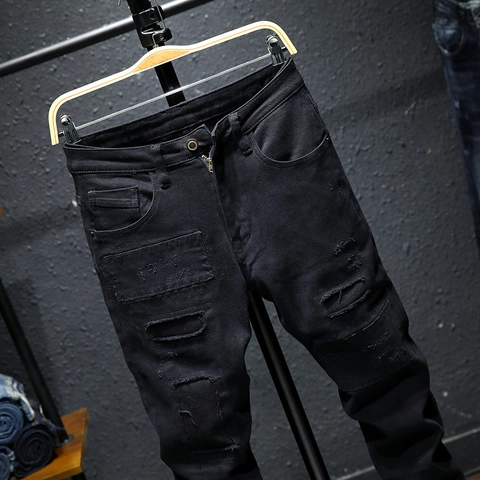 Men Slim Fit Ripped Patch Denim Jeans Black Distressed Brushed Lining Stretchy Streetwear Casual Cotton Blend Trousers