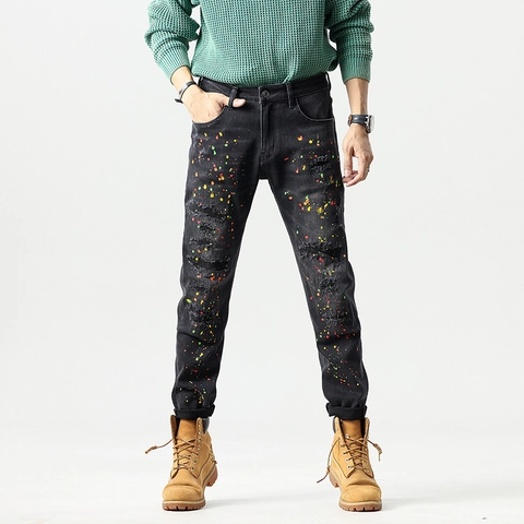 Men Retro Ripped Distressed Paint Splatter Jeans Black Slim Fit Cotton Blend Denim Long Pants Streetwear Casual Fashion Bottoms