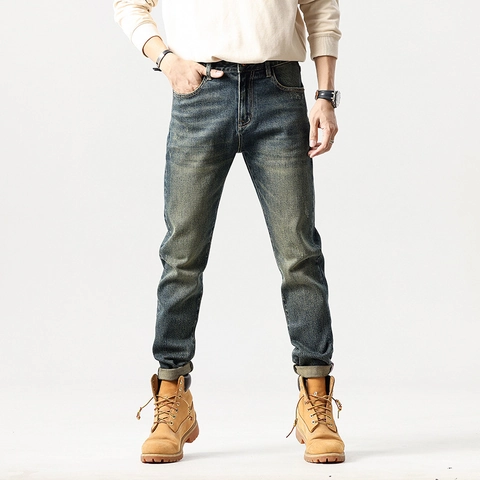 Vaqueros Lavados Vintage para Hombre Retro Americano Mezclilla de Algodón Corte Recto Pantalones Casuales Ropa de Trabajo