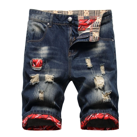 Men's Vintage Distressed Denim Shorts With Red Floral Patchwork Ripped Knee Length Washed Jeans Shorts Streetwear Fashion Bottoms