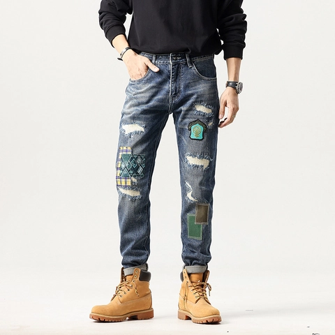 Men Retro High Street Washed Blue Distressed Patchwork Jeans With Embroidered Badge Plaid Patches Straight Leg Denim Pants