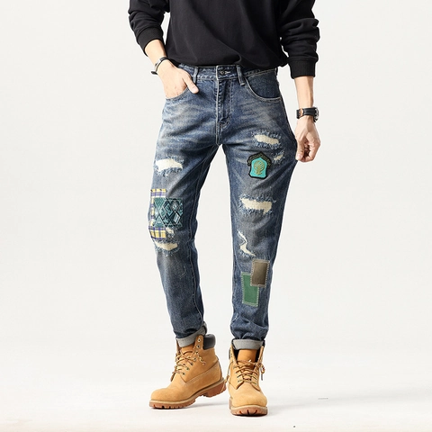 Men Retro High Street Washed Blue Distressed Patchwork Jeans With Embroidered Badge Plaid Patches Straight Leg Denim Pants