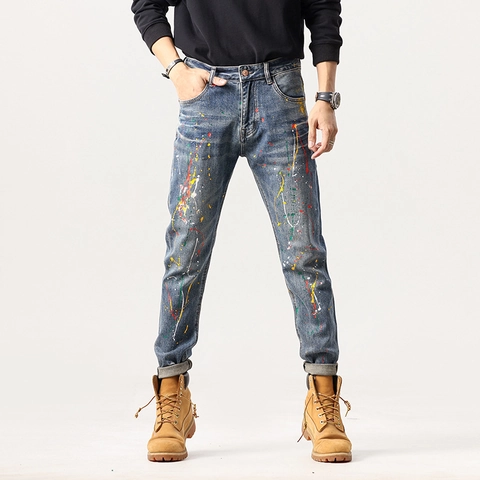 Jeans Slim Fit High Street da Uomo Con Schizzi di Vernice Colorati Pantaloni a Matita in Denim Blu Lavato Retro Streetwear Fashion