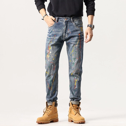 Jeans Slim Fit High Street da Uomo Con Schizzi di Vernice Colorati Pantaloni a Matita in Denim Blu Lavato Retro Streetwear Fashion